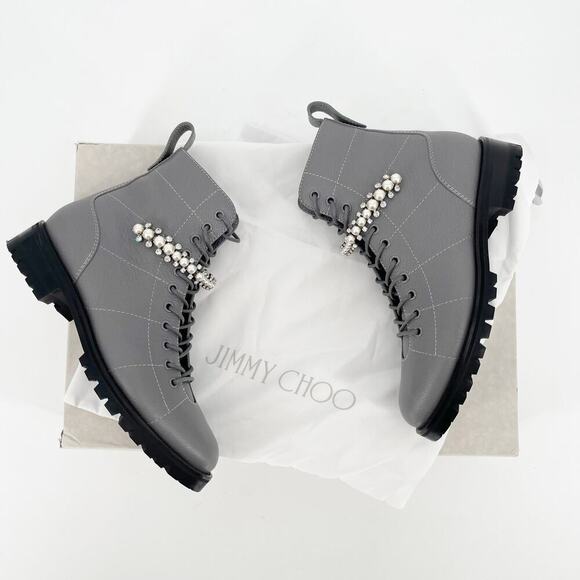 Jimmy Choo Gray Leather Cruz Flat Pearl-embellished Ankle Boots Grey IT 39.5 - Picture 1 of 16